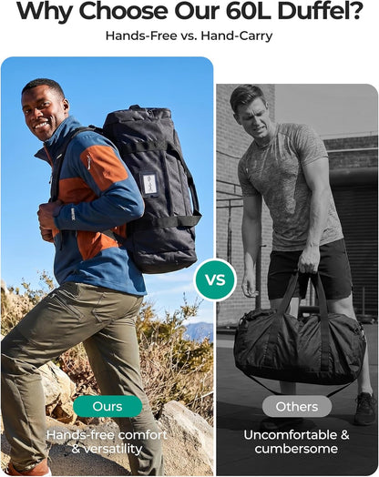 BAGSAMRT 60L Foldable Duffle Bag for Travel, Large Travel Duffel Bag for Men, 4 in 1 Travel Backpack, Carry on Weekender Bag, Black