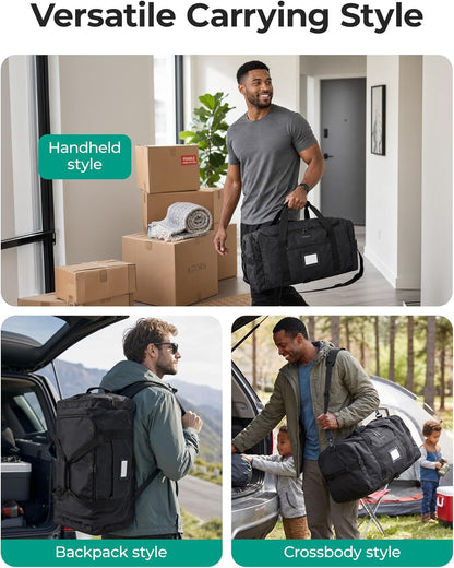 BAGSAMRT 60L Foldable Duffle Bag for Travel, Large Travel Duffel Bag for Men, 4 in 1 Travel Backpack, Carry on Weekender Bag, Black