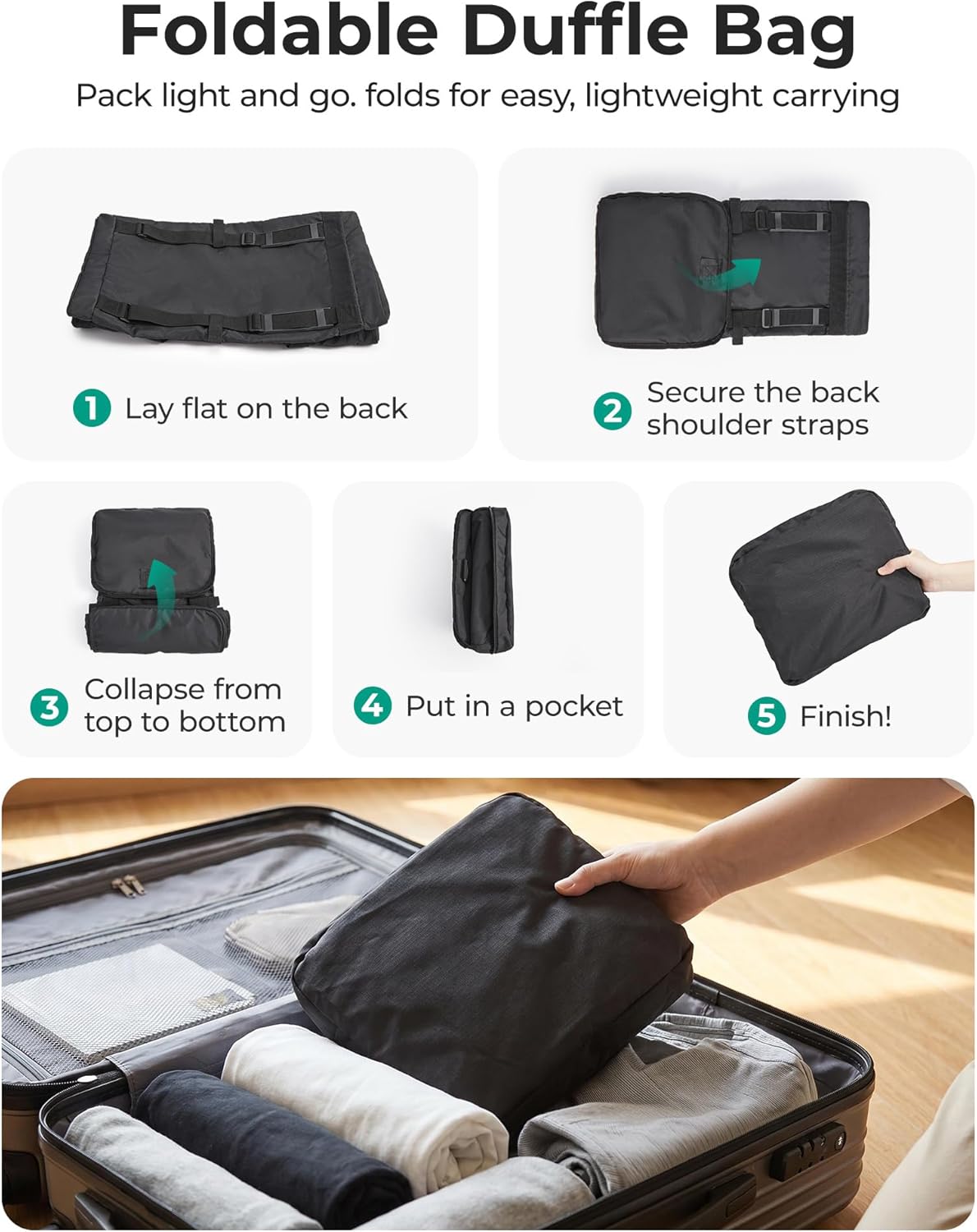 BAGSAMRT 60L Foldable Duffle Bag for Travel, Large Travel Duffel Bag for Men, 4 in 1 Travel Backpack, Carry on Weekender Bag, Black