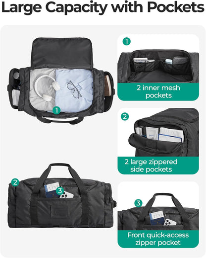 BAGSAMRT 60L Foldable Duffle Bag for Travel, Large Travel Duffel Bag for Men, 4 in 1 Travel Backpack, Carry on Weekender Bag, Black