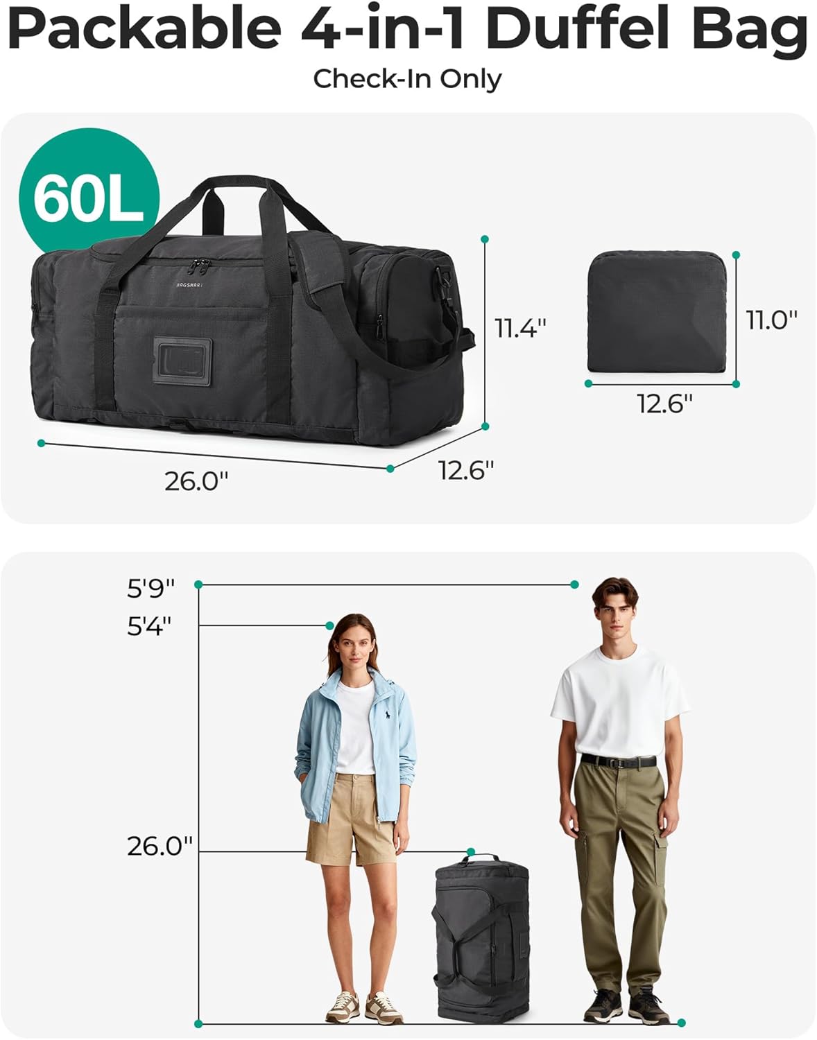 BAGSAMRT 60L Foldable Duffle Bag for Travel, Large Travel Duffel Bag for Men, 4 in 1 Travel Backpack, Carry on Weekender Bag, Black