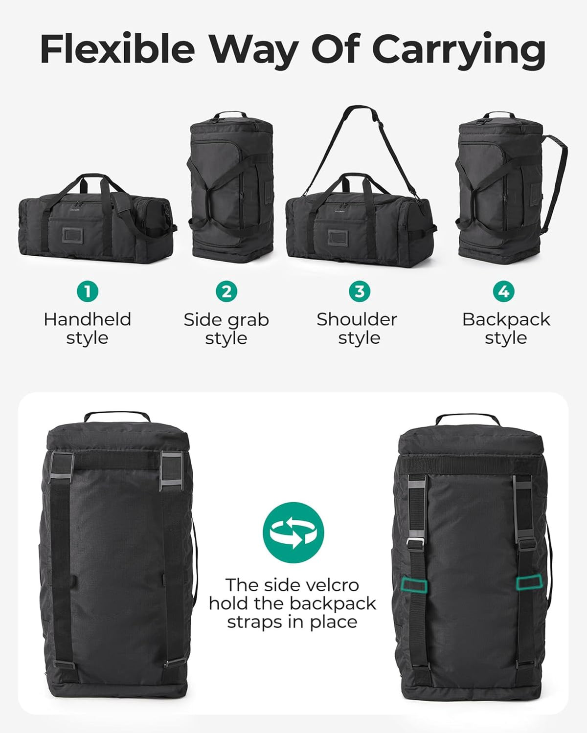BAGSAMRT 60L Foldable Duffle Bag for Travel, Large Travel Duffel Bag for Men, 4 in 1 Travel Backpack, Carry on Weekender Bag, Black