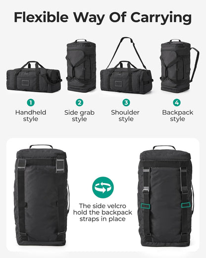 BAGSAMRT 60L Foldable Duffle Bag for Travel, Large Travel Duffel Bag for Men, 4 in 1 Travel Backpack, Carry on Weekender Bag, Black