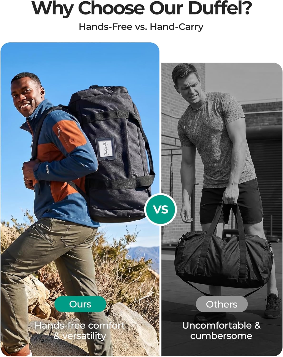 BAGSAMRT 60L Foldable Duffle Bag for Travel, Large Travel Duffel Bag for Men, 4 in 1 Travel Backpack, Carry on Weekender Bag, Black