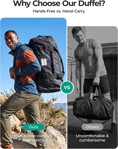 BAGSAMRT 60L Foldable Duffle Bag for Travel, Large Travel Duffel Bag for Men, 4 in 1 Travel Backpack, Carry on Weekender Bag, Black