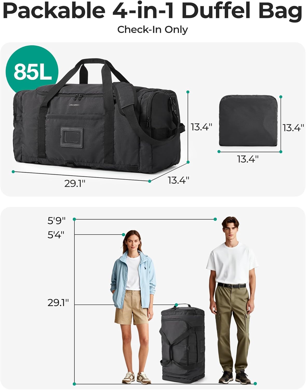 BAGSAMRT 60L Foldable Duffle Bag for Travel, Large Travel Duffel Bag for Men, 4 in 1 Travel Backpack, Carry on Weekender Bag, Black
