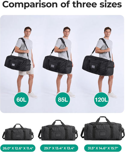 BAGSAMRT 60L Foldable Duffle Bag for Travel, Large Travel Duffel Bag for Men, 4 in 1 Travel Backpack, Carry on Weekender Bag, Black