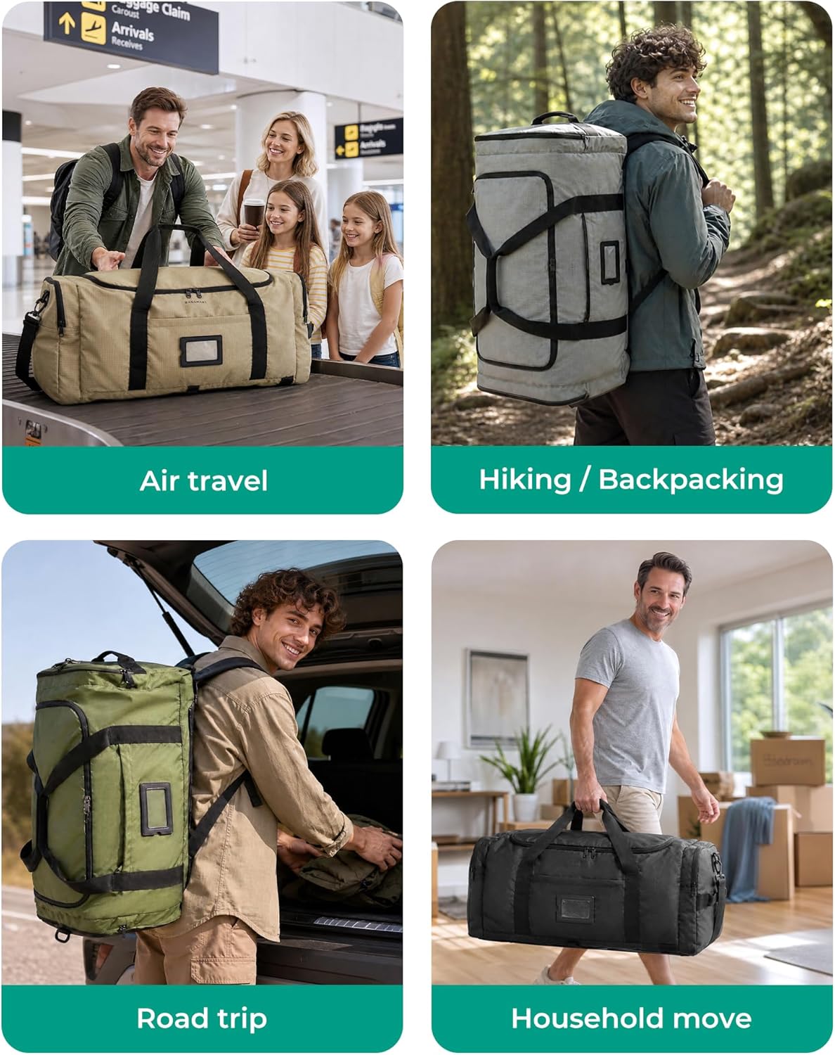 BAGSAMRT 60L Foldable Duffle Bag for Travel, Large Travel Duffel Bag for Men, 4 in 1 Travel Backpack, Carry on Weekender Bag, Black