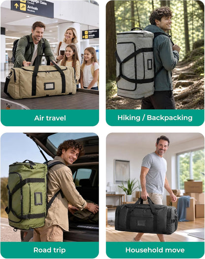 BAGSAMRT 60L Foldable Duffle Bag for Travel, Large Travel Duffel Bag for Men, 4 in 1 Travel Backpack, Carry on Weekender Bag, Black