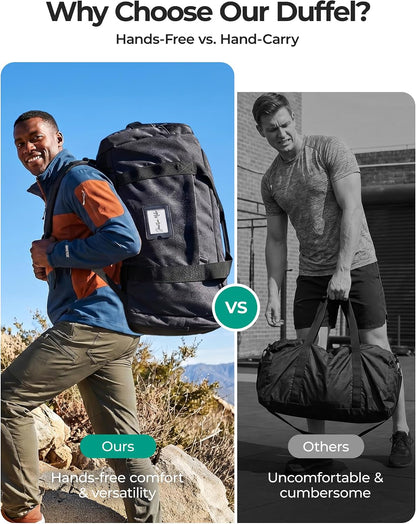 BAGSAMRT 60L Foldable Duffle Bag for Travel, Large Travel Duffel Bag for Men, 4 in 1 Travel Backpack, Carry on Weekender Bag, Black