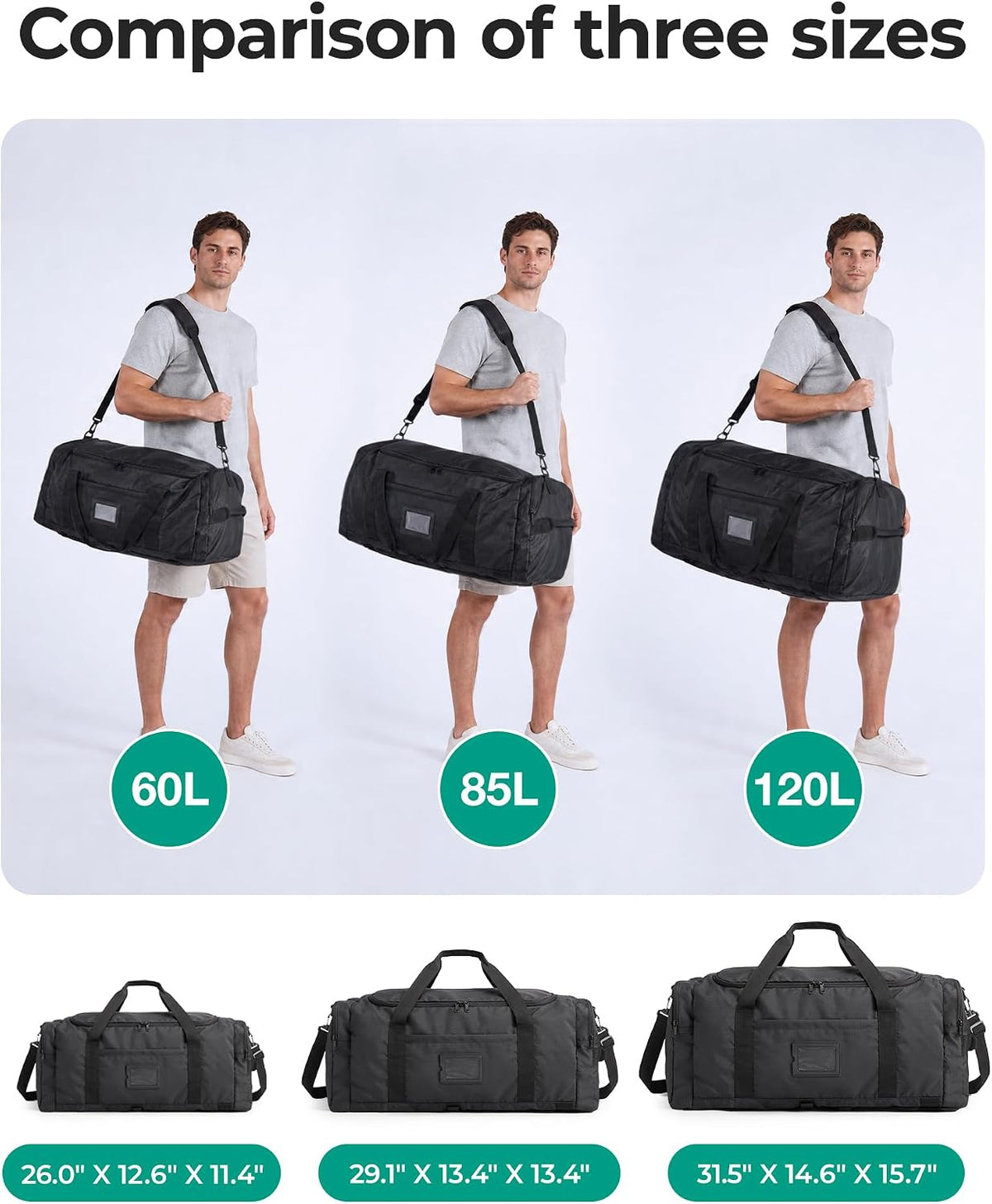 BAGSAMRT 60L Foldable Duffle Bag for Travel, Large Travel Duffel Bag for Men, 4 in 1 Travel Backpack, Carry on Weekender Bag, Black