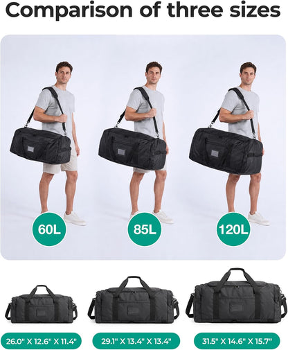 BAGSAMRT 60L Foldable Duffle Bag for Travel, Large Travel Duffel Bag for Men, 4 in 1 Travel Backpack, Carry on Weekender Bag, Black