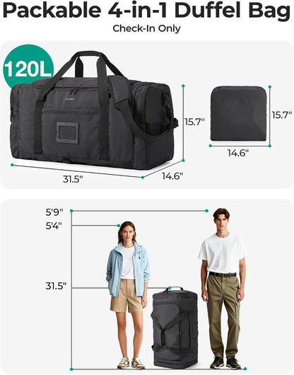 BAGSAMRT 60L Foldable Duffle Bag for Travel, Large Travel Duffel Bag for Men, 4 in 1 Travel Backpack, Carry on Weekender Bag, Black