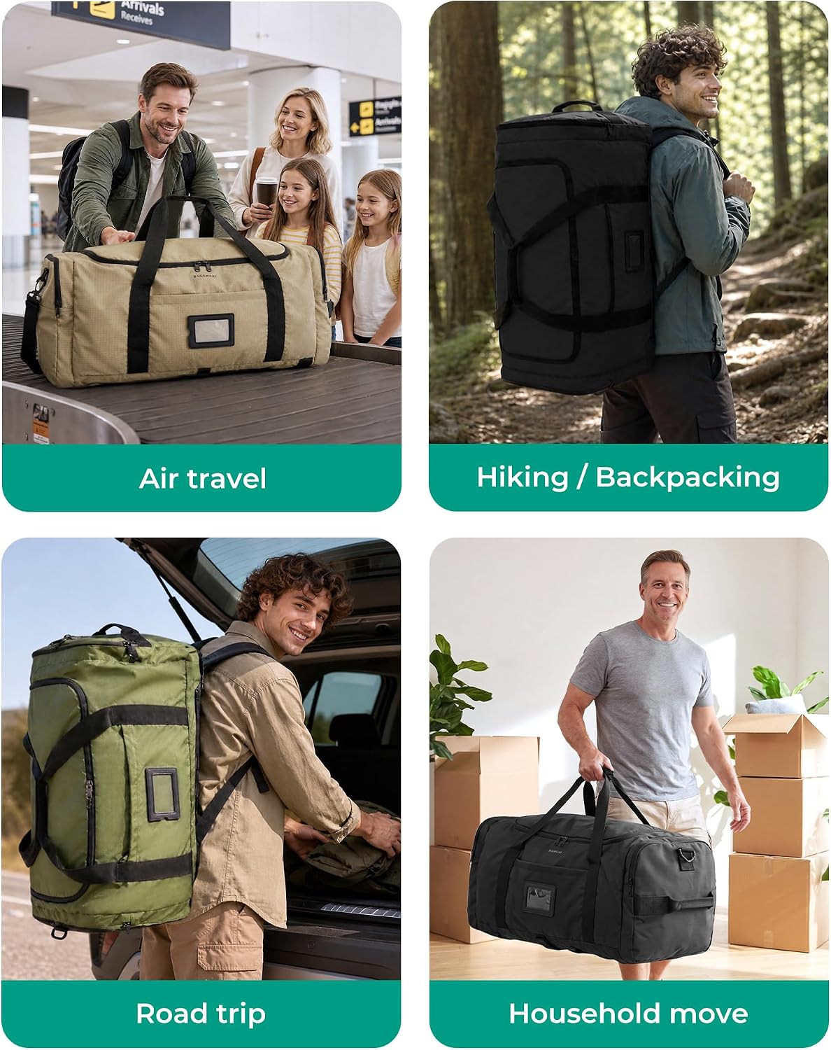 BAGSAMRT 60L Foldable Duffle Bag for Travel, Large Travel Duffel Bag for Men, 4 in 1 Travel Backpack, Carry on Weekender Bag, Black