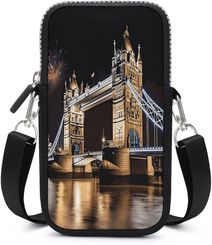 Portable Small Crossbody Bag for Women Cell Phone Purse with Strap | Mini Phone Wallet Lightweight Sling Bags Adjustable Night London Tower Bridge Phone Bag for Travel Work Daily Use