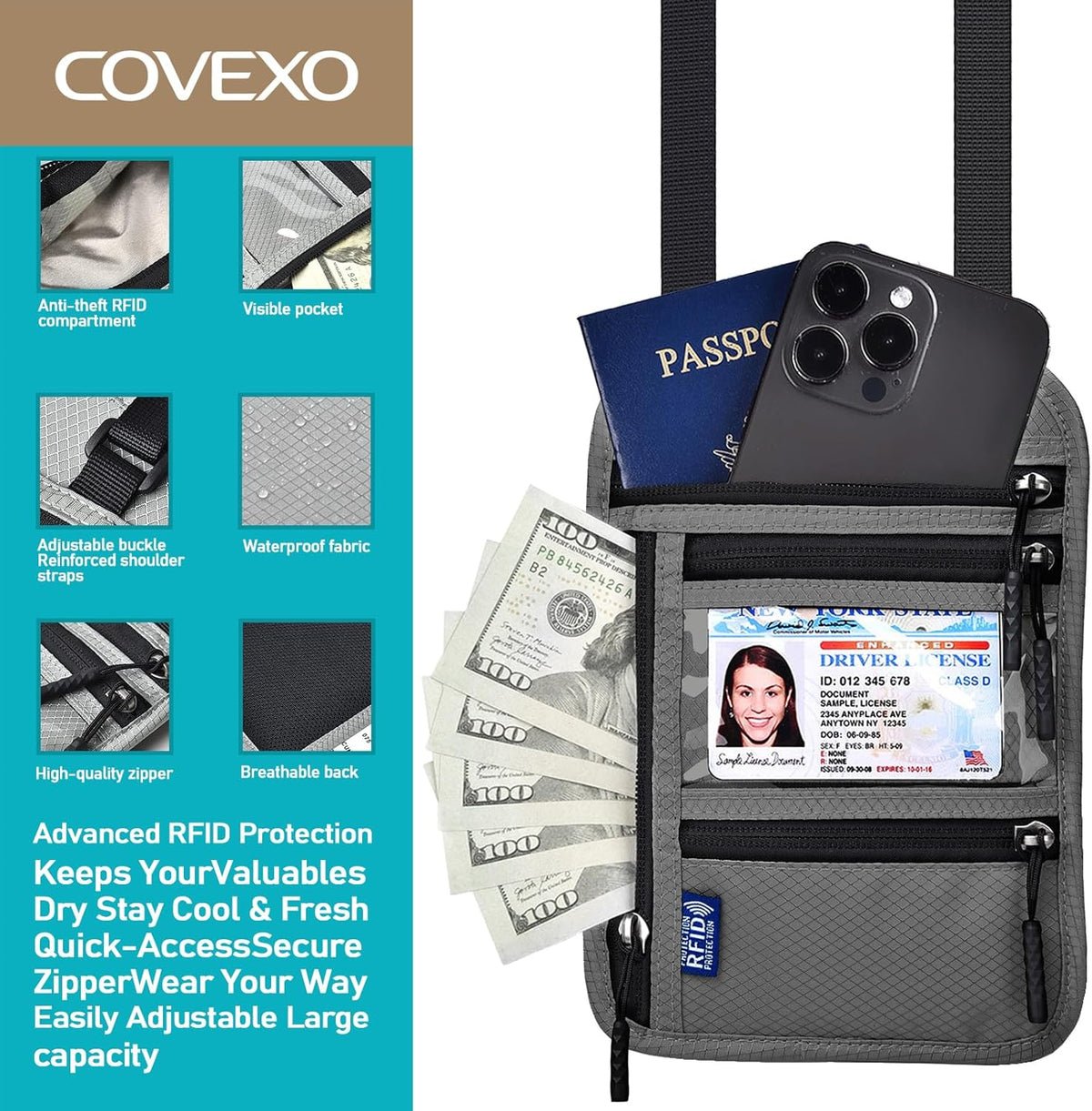Neck Wallet for Travel, RFID Blocking Passport Holder - Slim Travel Pouch with Adjustable Strap | Holds Phone, Cards, Cash, Documents | Water-Resistant & Secure for Men & Women