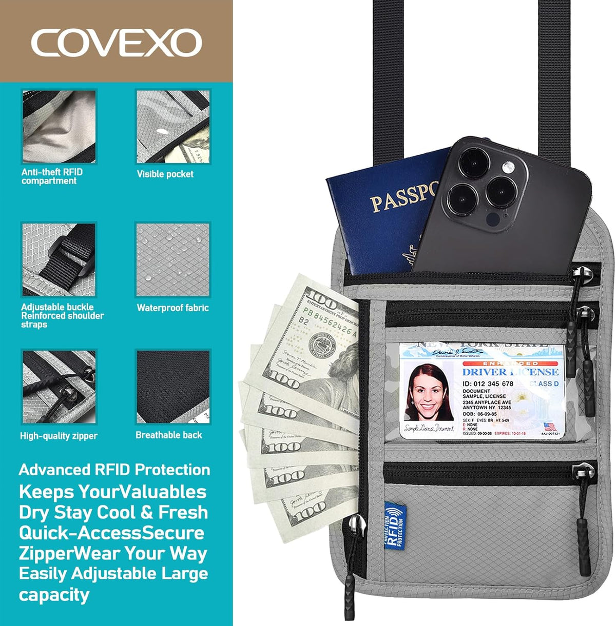 Neck Wallet for Travel, RFID Blocking Passport Holder - Slim Travel Pouch with Adjustable Strap | Holds Phone, Cards, Cash, Documents | Water-Resistant & Secure for Men & Women