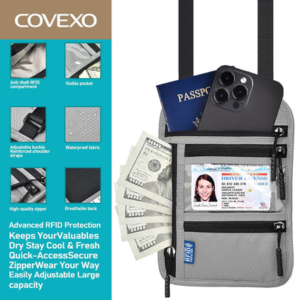 Neck Wallet for Travel, RFID Blocking Passport Holder - Slim Travel Pouch with Adjustable Strap | Holds Phone, Cards, Cash, Documents | Water-Resistant & Secure for Men & Women