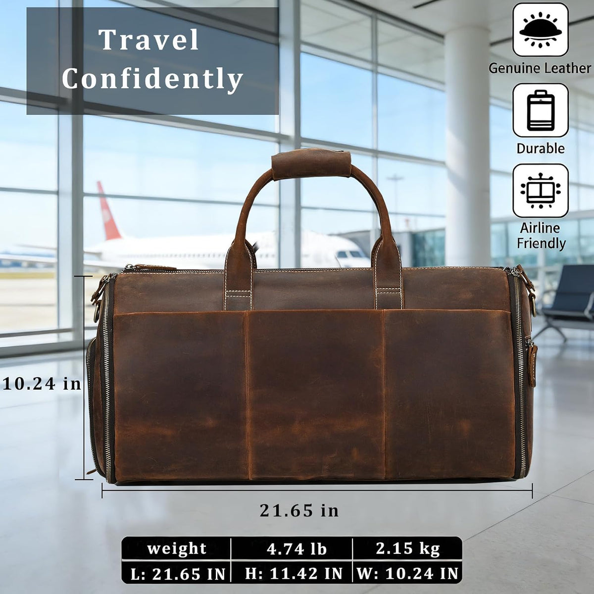 Men's Carry On Garment Bag, Convertible Garment Bag Full Grain Leather Duffle Bags with Shoe Pouch, 2 in 1 Hanging Suitcase Suit Travel Bags