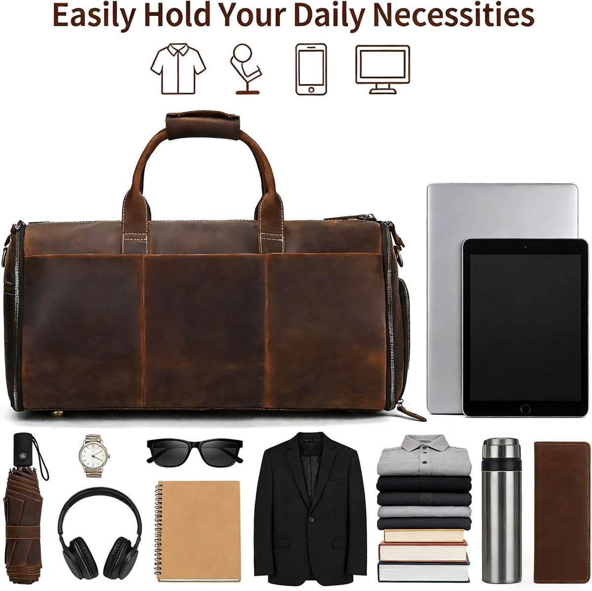Men's Carry On Garment Bag, Convertible Garment Bag Full Grain Leather Duffle Bags with Shoe Pouch, 2 in 1 Hanging Suitcase Suit Travel Bags