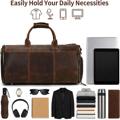 Men's Carry On Garment Bag, Convertible Garment Bag Full Grain Leather Duffle Bags with Shoe Pouch, 2 in 1 Hanging Suitcase Suit Travel Bags