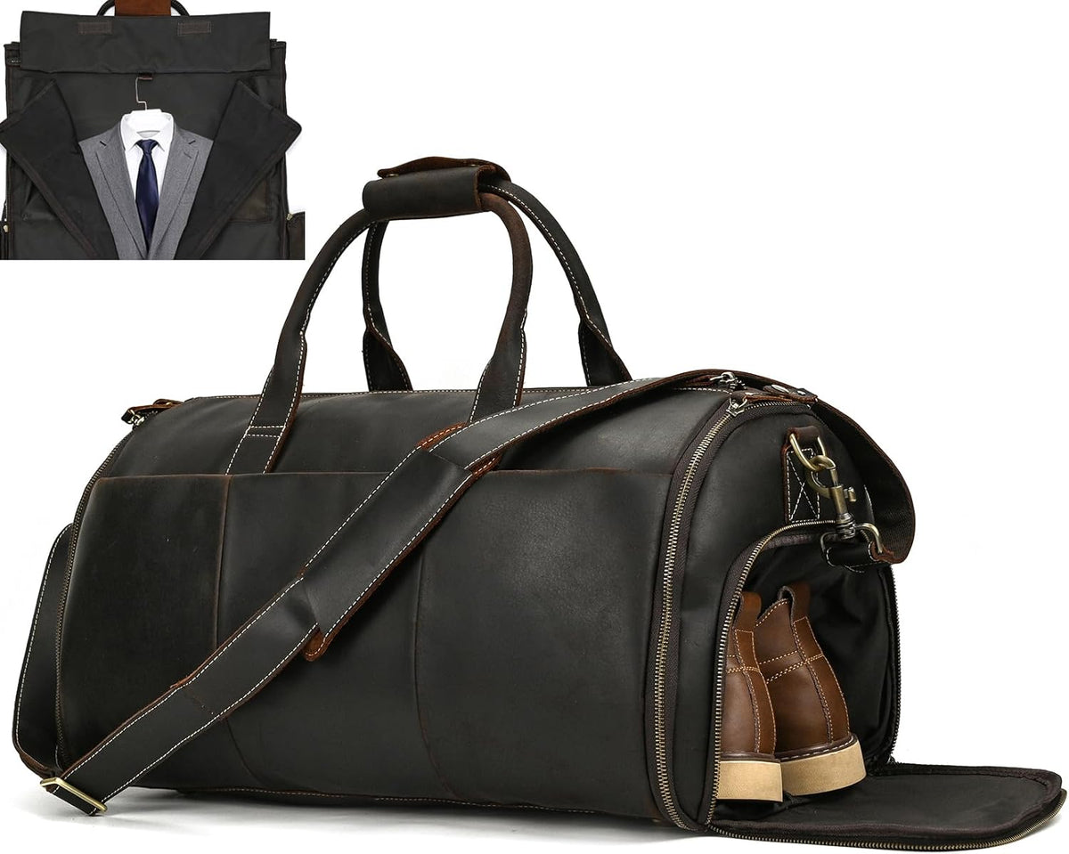 Men's Carry On Garment Bag, Convertible Garment Bag Full Grain Leather Duffle Bags with Shoe Pouch, 2 in 1 Hanging Suitcase Suit Travel Bags