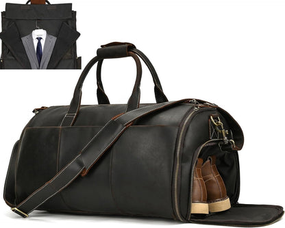Men's Carry On Garment Bag, Convertible Garment Bag Full Grain Leather Duffle Bags with Shoe Pouch, 2 in 1 Hanging Suitcase Suit Travel Bags