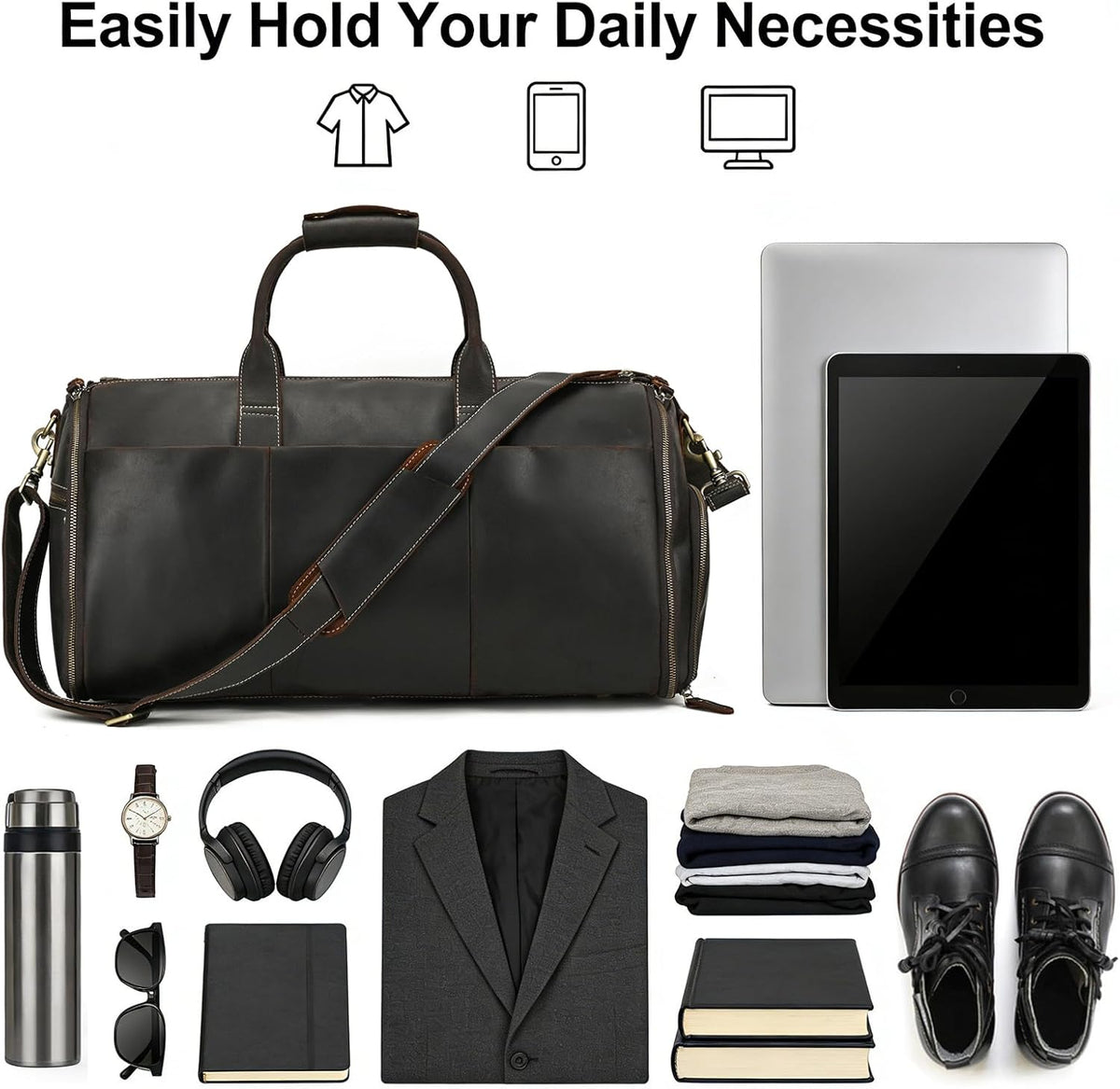 Men's Carry On Garment Bag, Convertible Garment Bag Full Grain Leather Duffle Bags with Shoe Pouch, 2 in 1 Hanging Suitcase Suit Travel Bags