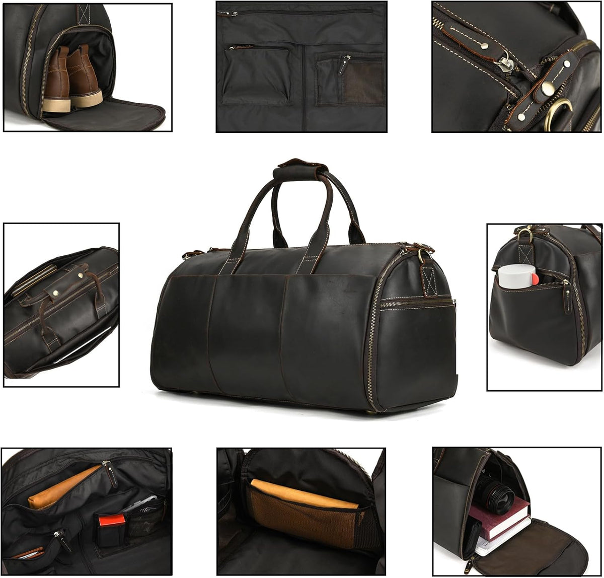 Men's Carry On Garment Bag, Convertible Garment Bag Full Grain Leather Duffle Bags with Shoe Pouch, 2 in 1 Hanging Suitcase Suit Travel Bags