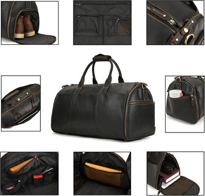 Men's Carry On Garment Bag, Convertible Garment Bag Full Grain Leather Duffle Bags with Shoe Pouch, 2 in 1 Hanging Suitcase Suit Travel Bags