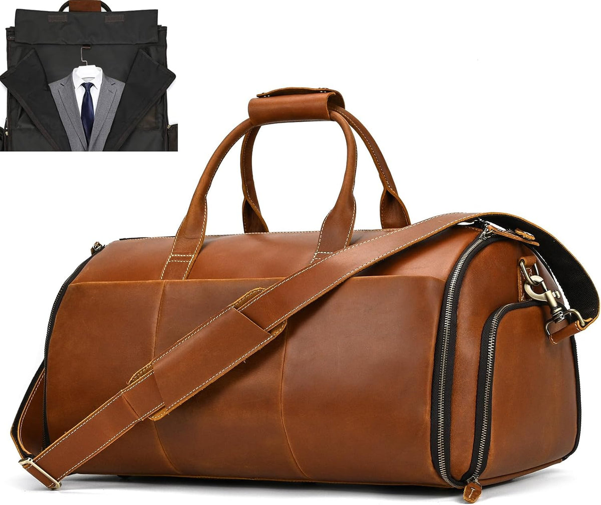 Men's Carry On Garment Bag, Convertible Garment Bag Full Grain Leather Duffle Bags with Shoe Pouch, 2 in 1 Hanging Suitcase Suit Travel Bags