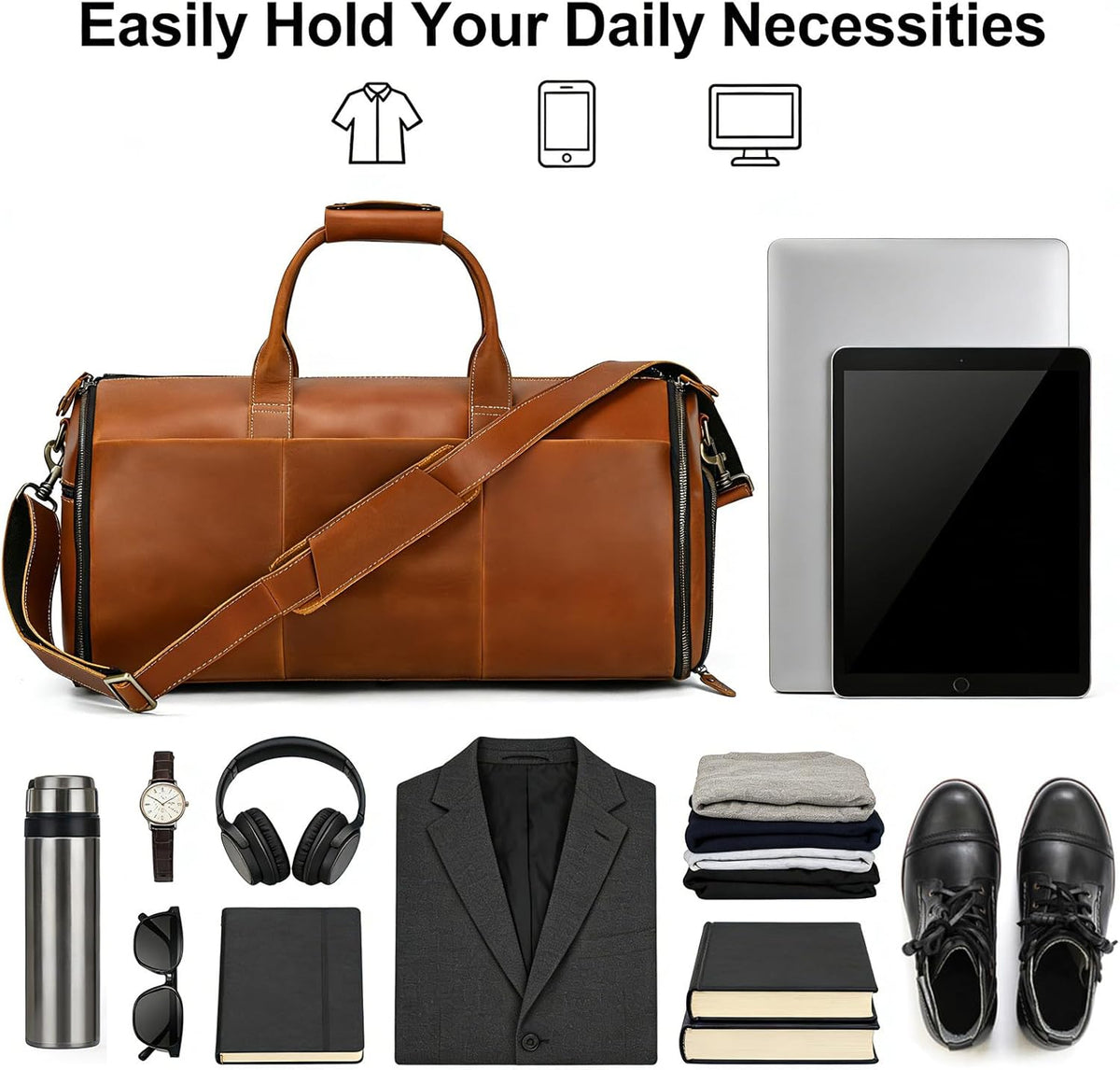 Men's Carry On Garment Bag, Convertible Garment Bag Full Grain Leather Duffle Bags with Shoe Pouch, 2 in 1 Hanging Suitcase Suit Travel Bags