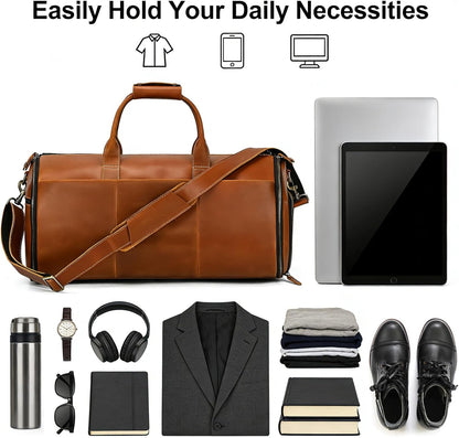 Men's Carry On Garment Bag, Convertible Garment Bag Full Grain Leather Duffle Bags with Shoe Pouch, 2 in 1 Hanging Suitcase Suit Travel Bags