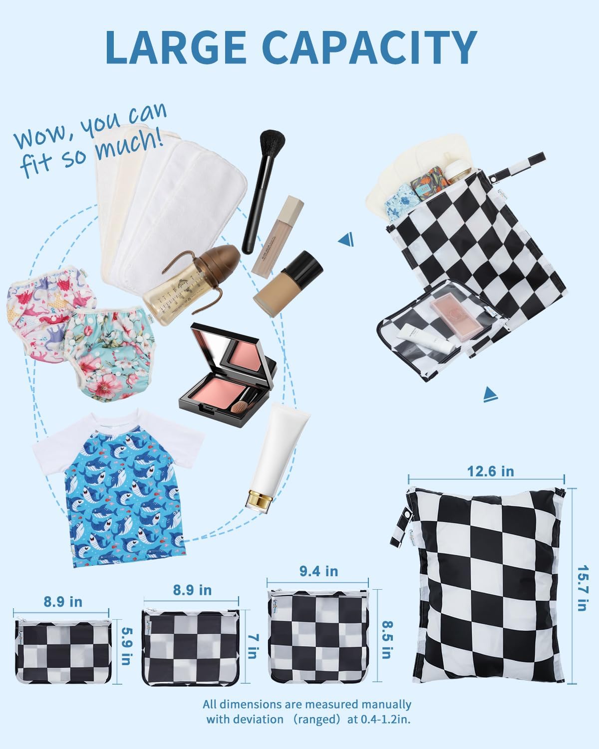 Waterproof Wet Dry Bags 2 Pack with 3pcs Clear Travel Bags for Beach, Baby Cloth Diapers, Swimsuit, Pump Parts, Pool, Gym, Toiletries,Makeup Cosmetics