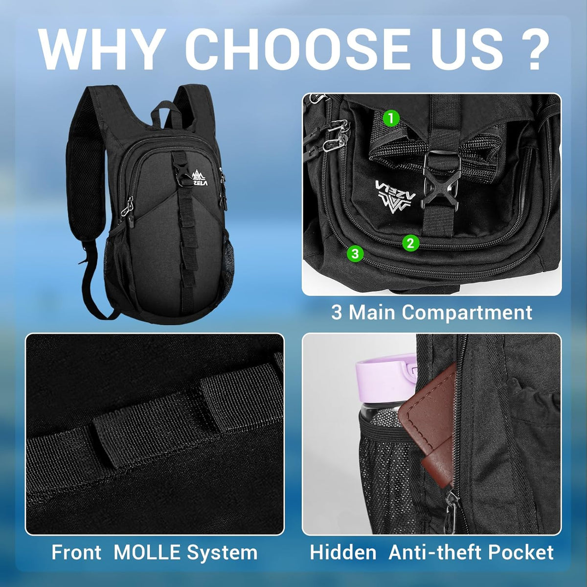 16L Ultra-Lightweight Foldable Waterproof Hiking Backpack For Women Men Small Backpack For Hiking Commuting Travel, Black