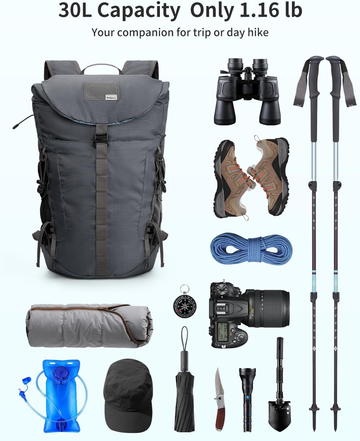 Hiking Backpack 30L Lightweight Packable Backpack for Travel, Water Resistant Foldable Daypack for Women Men, Gray