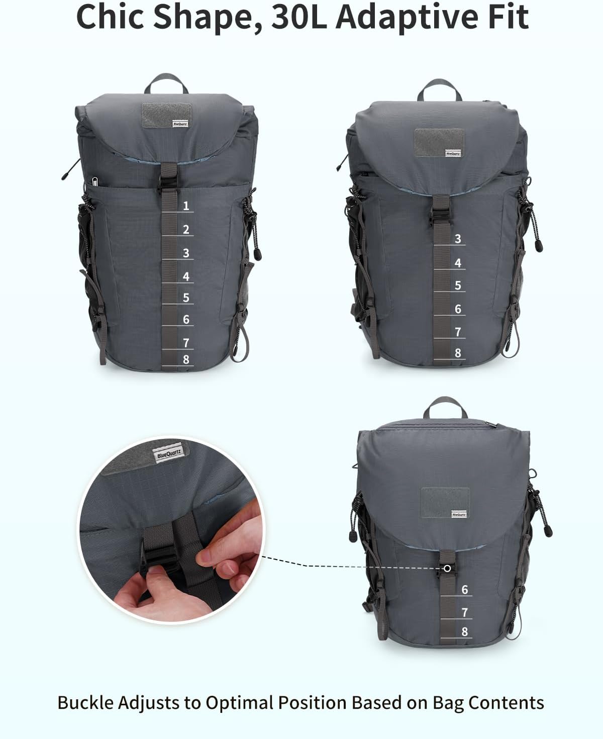 Hiking Backpack 30L Lightweight Packable Backpack for Travel, Water Resistant Foldable Daypack for Women Men, Gray