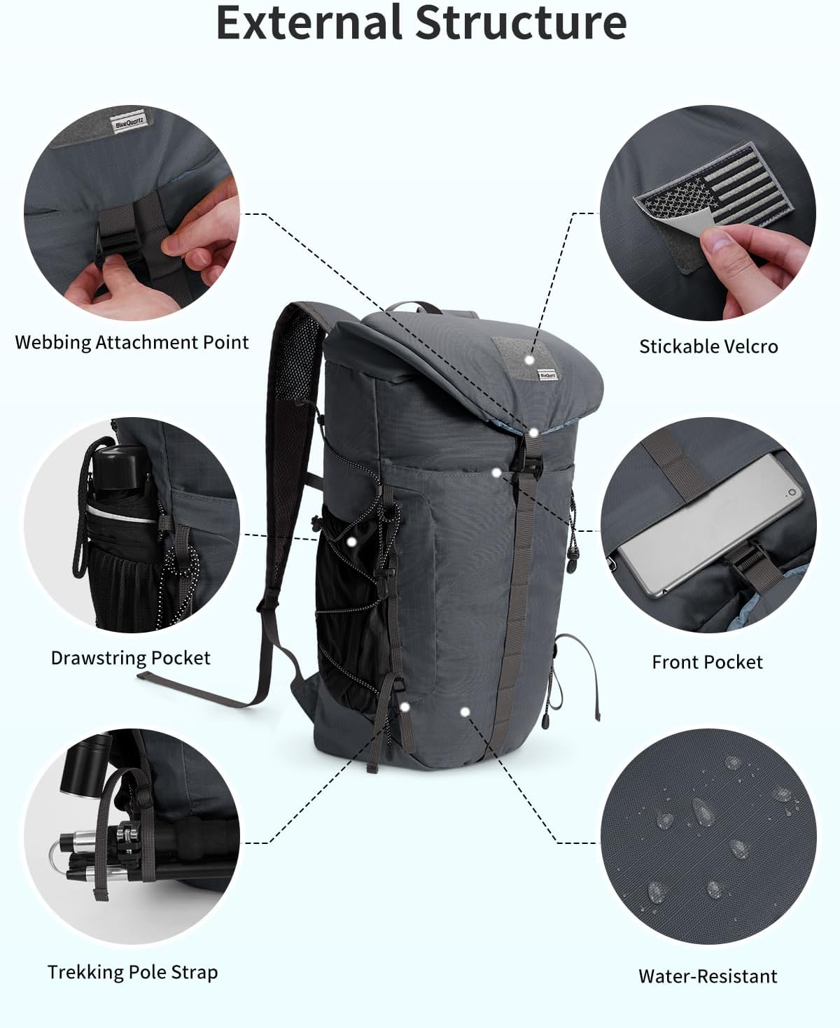 Hiking Backpack 30L Lightweight Packable Backpack for Travel, Water Resistant Foldable Daypack for Women Men, Gray