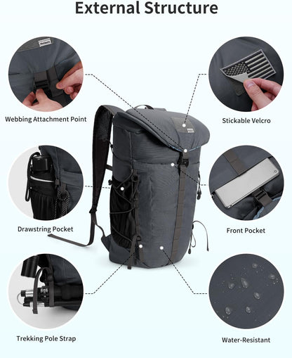 Hiking Backpack 30L Lightweight Packable Backpack for Travel, Water Resistant Foldable Daypack for Women Men, Gray