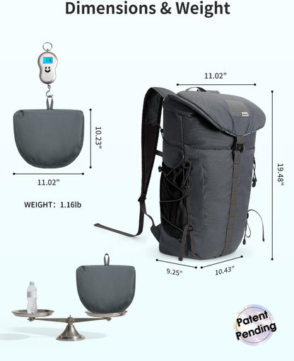 Hiking Backpack 30L Lightweight Packable Backpack for Travel, Water Resistant Foldable Daypack for Women Men, Gray