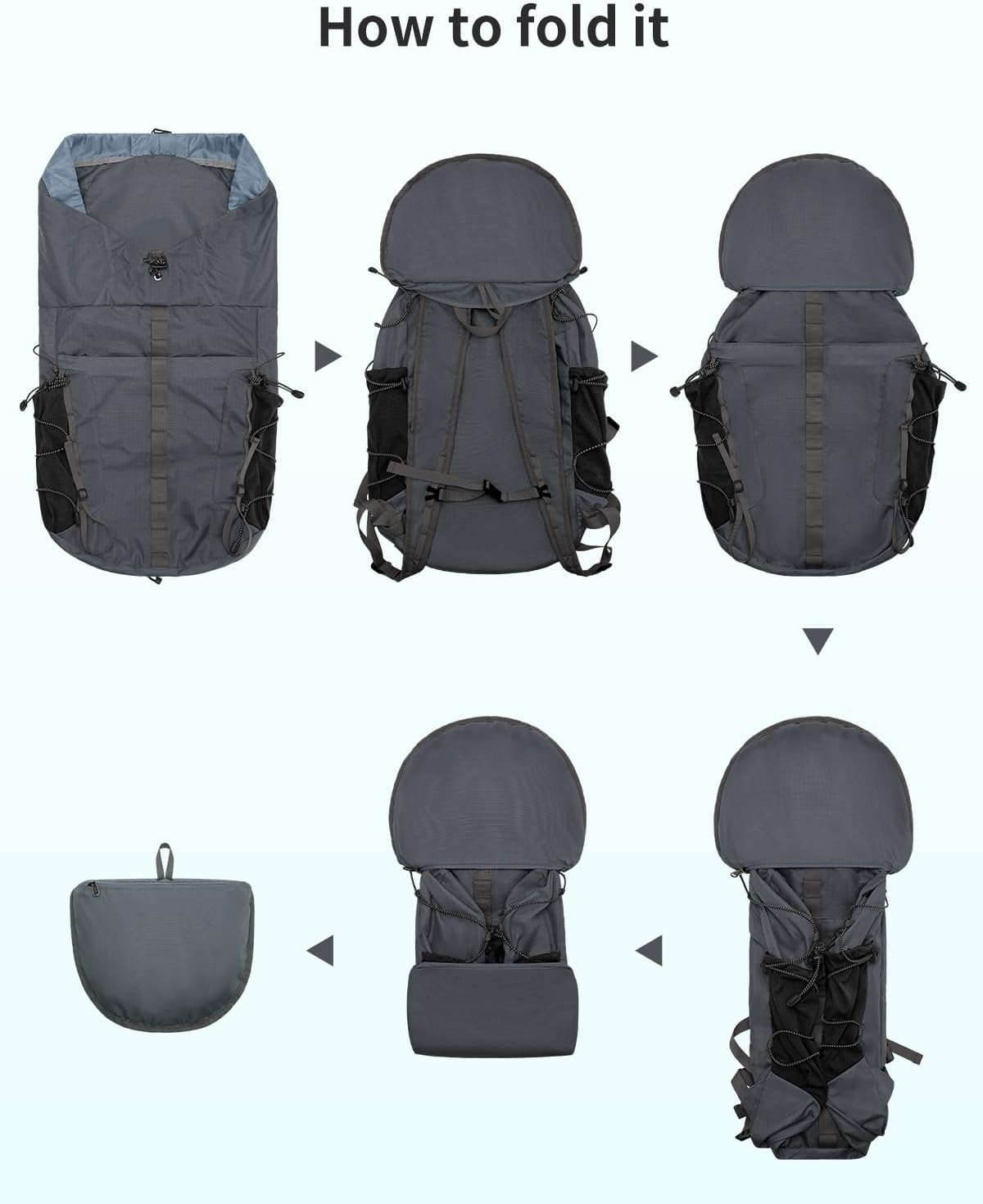 Hiking Backpack 30L Lightweight Packable Backpack for Travel, Water Resistant Foldable Daypack for Women Men, Gray