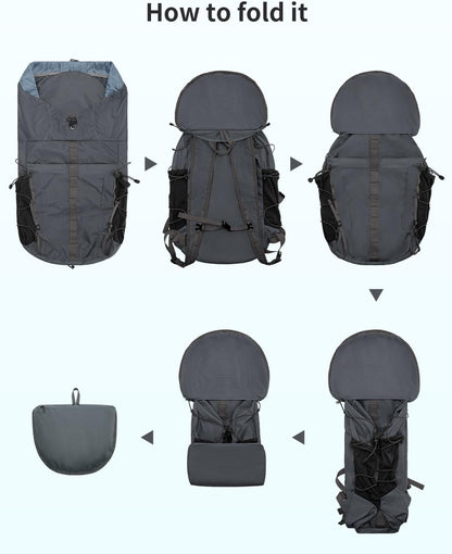 Hiking Backpack 30L Lightweight Packable Backpack for Travel, Water Resistant Foldable Daypack for Women Men, Gray