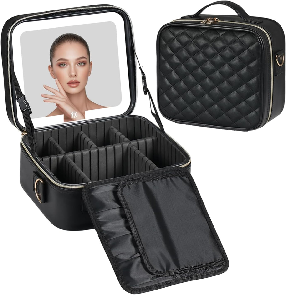 Makeup Case with LED Light Mirror,12 Inch Professional Portable Travel Cosmetic Organizer Bag with Adjustable Dividers, USB Charging, Large Capacity, Ideal for Travel, Gift for Women Girls