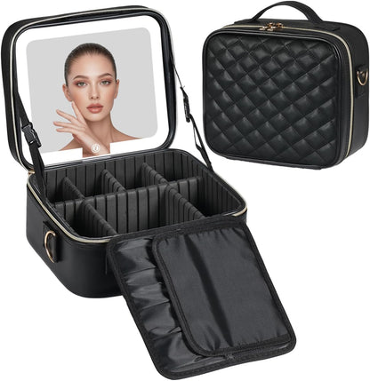 Makeup Case with LED Light Mirror,12 Inch Professional Portable Travel Cosmetic Organizer Bag with Adjustable Dividers, USB Charging, Large Capacity, Ideal for Travel, Gift for Women Girls