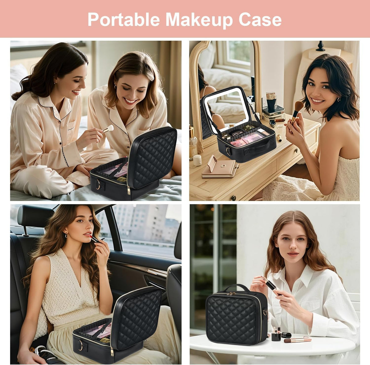 Makeup Case with LED Light Mirror,12 Inch Professional Portable Travel Cosmetic Organizer Bag with Adjustable Dividers, USB Charging, Large Capacity, Ideal for Travel, Gift for Women Girls