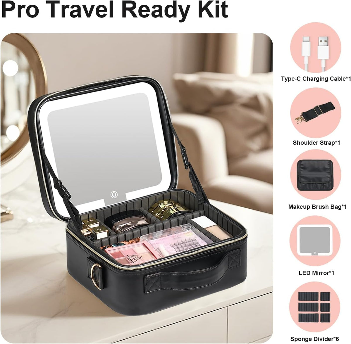 Makeup Case with LED Light Mirror,12 Inch Professional Portable Travel Cosmetic Organizer Bag with Adjustable Dividers, USB Charging, Large Capacity, Ideal for Travel, Gift for Women Girls