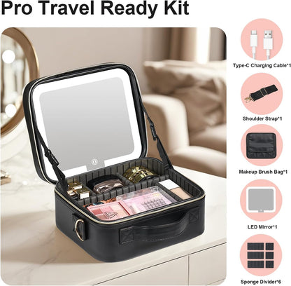Makeup Case with LED Light Mirror,12 Inch Professional Portable Travel Cosmetic Organizer Bag with Adjustable Dividers, USB Charging, Large Capacity, Ideal for Travel, Gift for Women Girls