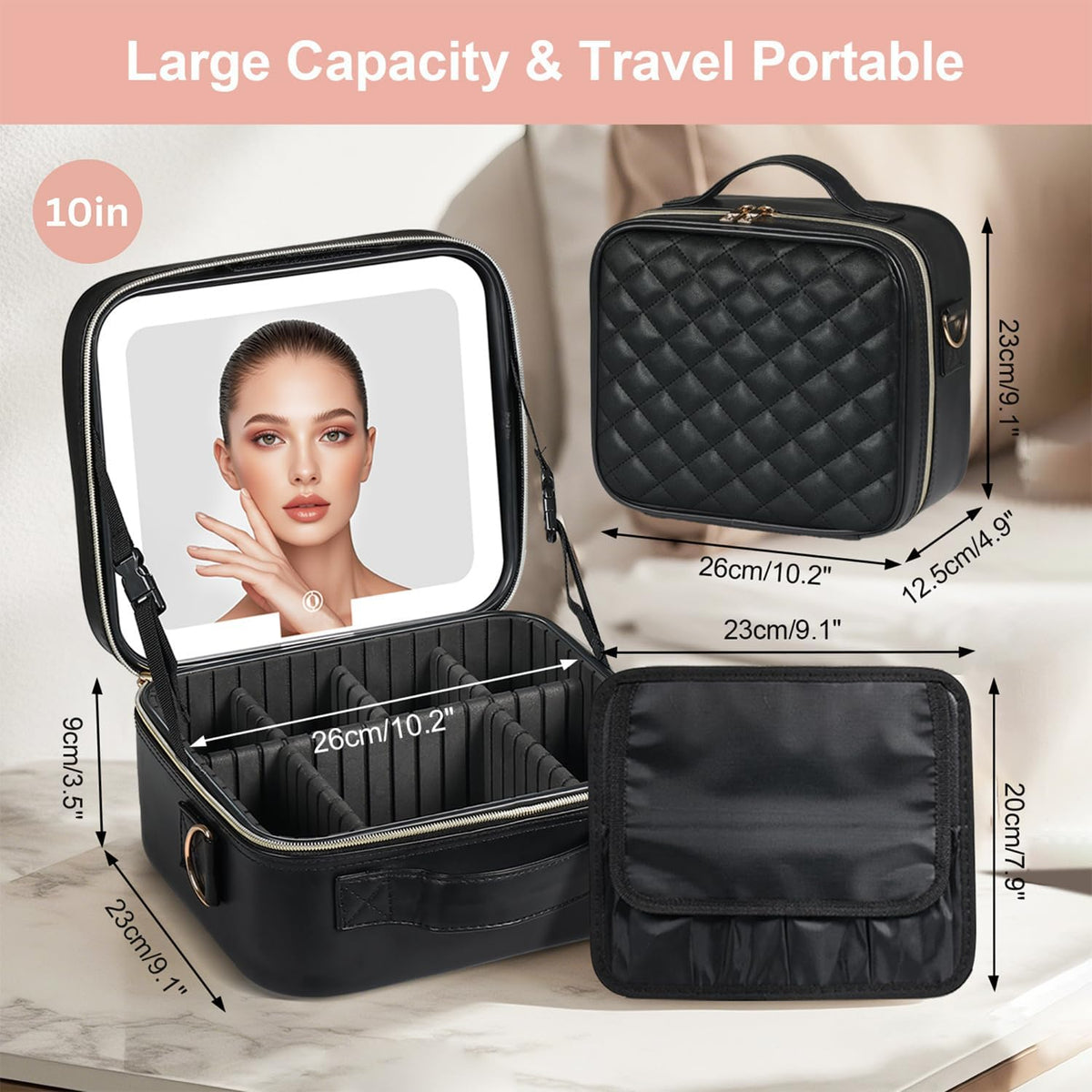 Makeup Case with LED Light Mirror,12 Inch Professional Portable Travel Cosmetic Organizer Bag with Adjustable Dividers, USB Charging, Large Capacity, Ideal for Travel, Gift for Women Girls
