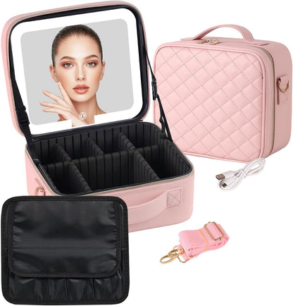 Makeup Case with LED Light Mirror,12 Inch Professional Portable Travel Cosmetic Organizer Bag with Adjustable Dividers, USB Charging, Large Capacity, Ideal for Travel, Gift for Women Girls