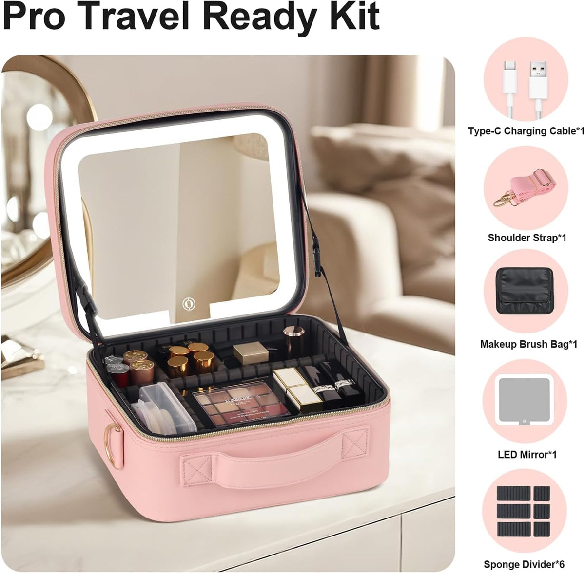 Makeup Case with LED Light Mirror,12 Inch Professional Portable Travel Cosmetic Organizer Bag with Adjustable Dividers, USB Charging, Large Capacity, Ideal for Travel, Gift for Women Girls